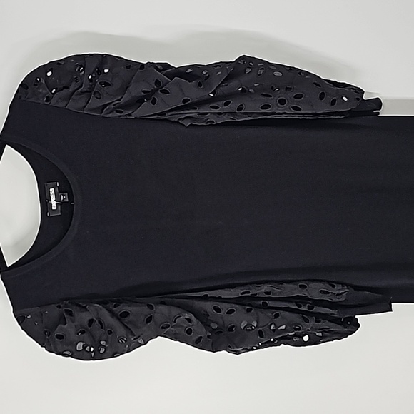 Express Black Bodycon Midi Sweater Dress w Puffed Cutout Scalloped Long Sleeves - Picture 7 of 17